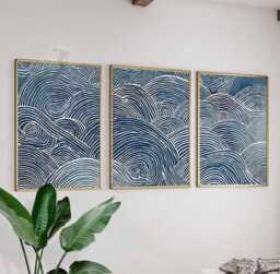 Set Of 3 Japanese Wave Wall Art Prints, Blue Ocean Line Posters, Modern Coastal Decor Inspired By Japan - thumbnail 1