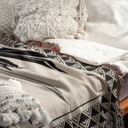 Bohemian Black Beige Geometric Floral Woven Cotton Throw Blankets - thumbnail 2