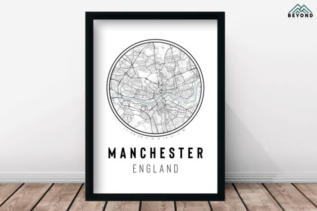Manchester High Detail Minimalist City Map Print & Frames - Gift Him Her Black White Grey Traveller Home Decor England UK Design Holiday - image 1