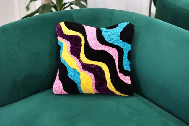 Punch Needle Throw Pillow Cover Abstract Wavy Lines, Vivid Colors - image 1