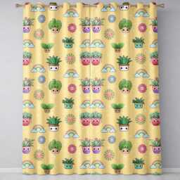 Cute Kawaii Tropical Plants Rainbow Sun Soft Beige Background Seamless Pattern Readymade Eyelet Ring Top Thermal 100% Blackout Curtains - thumbnail 2