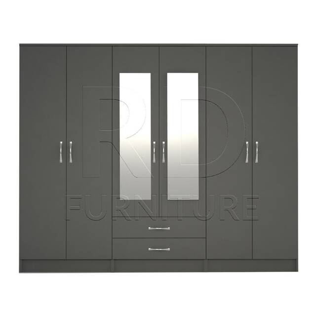 Grey Wardrobe, Large Wardrobe Ready Assembled Classic 6 Door Mirrored - image 1