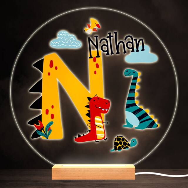 Dinosaur Alphabet Letter N Colourful Round Personalised Gift Lamp Night Light - Bedroom - image 1