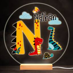 Dinosaur Alphabet Letter N Colourful Round Personalised Gift Lamp Night Light - Bedroom - thumbnail 1