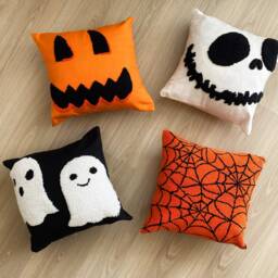 Hand Tufted Halloween Pillow Cover, Skull Embroidered Cushion Cover, Fall Holiday Home Decor Rug, Spider Web Spooky Season Gifts, 16x16 Pillow - thumbnail 2