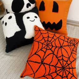 Hand Tufted Halloween Pillow Cover, Skull Embroidered Cushion Cover, Fall Holiday Home Decor Rug, Spider Web Spooky Season Gifts, 16x16 Pillow - thumbnail 3