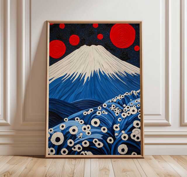 Japanese Wall Art Print, Mt Fuji Poster With Moon & Flowers, Modern Japan Landscape Artwork, Asian Inspired Home Decor Illustration - image 1
