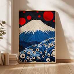 Japanese Wall Art Print, Mt Fuji Poster With Moon & Flowers, Modern Japan Landscape Artwork, Asian Inspired Home Decor Illustration - thumbnail 3