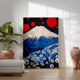 Japanese Wall Art Print, Mt Fuji Poster With Moon & Flowers, Modern Japan Landscape Artwork, Asian Inspired Home Decor Illustration - thumbnail 2