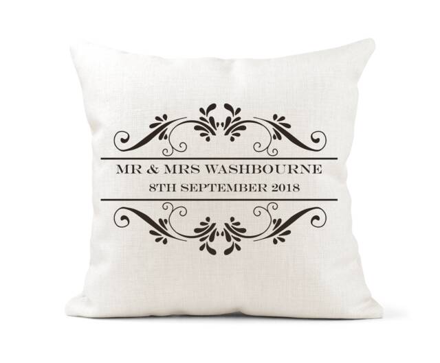 Personalised Stamp Cushion Wedding Gift, Mr & Mrs, Bride Groom, Husband Wife, Anniversary Keepsake - image 1