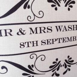 Personalised Stamp Cushion Wedding Gift, Mr & Mrs, Bride Groom, Husband Wife, Anniversary Keepsake - thumbnail 2