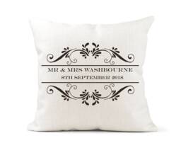 Personalised Stamp Cushion Wedding Gift, Mr & Mrs, Bride Groom, Husband Wife, Anniversary Keepsake - thumbnail 1