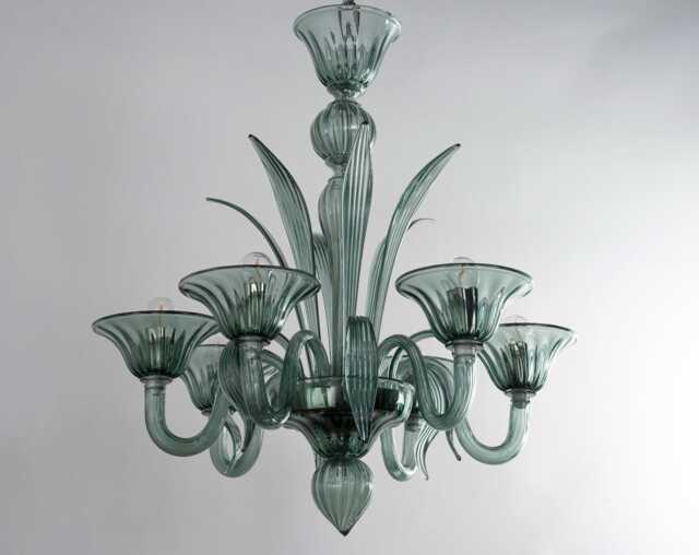 Venetian Chandelier Blown Glass Green Murano, 6-Light Fixture - Handmade Italy - image 1