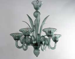 Venetian Chandelier Blown Glass Green Murano, 6-Light Fixture - Handmade Italy - thumbnail 1