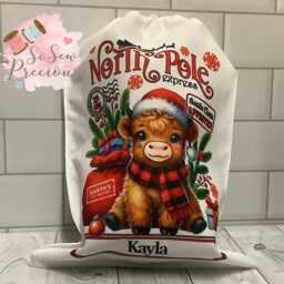 Personalised Printed Christmas Sack , Highland Cow , Red White, 1St Christmas, Personalized Stockings - thumbnail 2