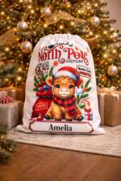 Personalised Printed Christmas Sack , Highland Cow , Red White, 1St Christmas, Personalized Stockings - thumbnail 1