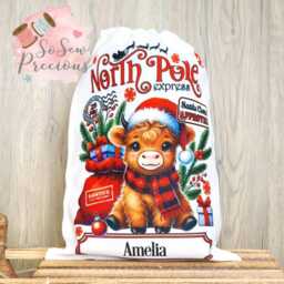 Personalised Printed Christmas Sack , Highland Cow , Red White, 1St Christmas, Personalized Stockings - thumbnail 3