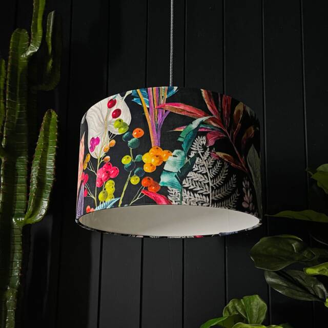 Acid Jungle Velvet Lampshade. Black & Pink Tropical Suitable For Ceiling Pendant Or Table Lamp - image 1