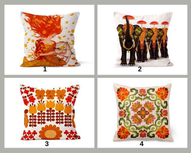 Orange Elephant Cushion Cover, Ethnic Flower Pillowcase, Women's Boho Home Decor, Exotic Living Room Accent, Unique Bedroom Throw Pillow - image 1