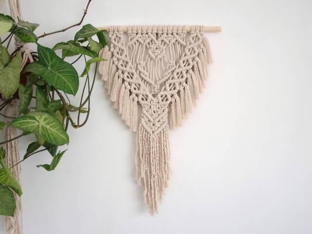 "Boho Macrame Wall Hanging Ecru Cotton Rope, Wood Dowel - 19"" X 28" - image 1