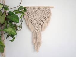 "Boho Macrame Wall Hanging Ecru Cotton Rope, Wood Dowel - 19"" X 28" - thumbnail 1