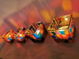 Handmade Stained Glass Style Cube Tealight Holder - Two Size Option - thumbnail 1