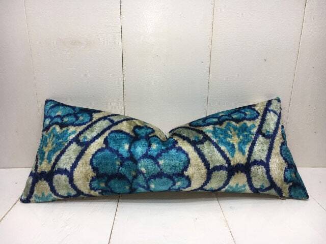 Handwoven Silk Lumbar Pillow Cover, Ikat Accent Cushion - 10x24 - image 1