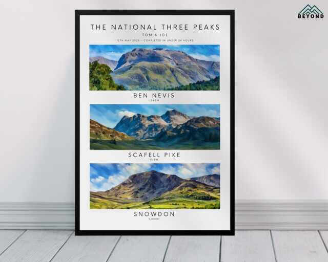The National Three Peaks Print & Frame Gift - Personalised Walk Hike Present Ben Nevis Scafell Pike Snowdon Painting Drawing Challenge 3 - image 1