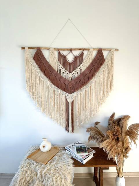 Woven Wall Hanging, Macrame Wall Hanging, Minimalist Neutral Wool Decoration, Long Single Tassel Textile Bohemian Decor, Headboard - image 1