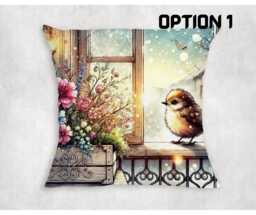 Floral Bird Window Canvas Cushion Cover - Nature Home Decor - thumbnail 1