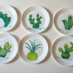 Decorative Wall Plates with Cactus Painting, Variegated Cactus, Spring Artwork, 3rd Anniversary Gift, Party Decor - thumbnail 2