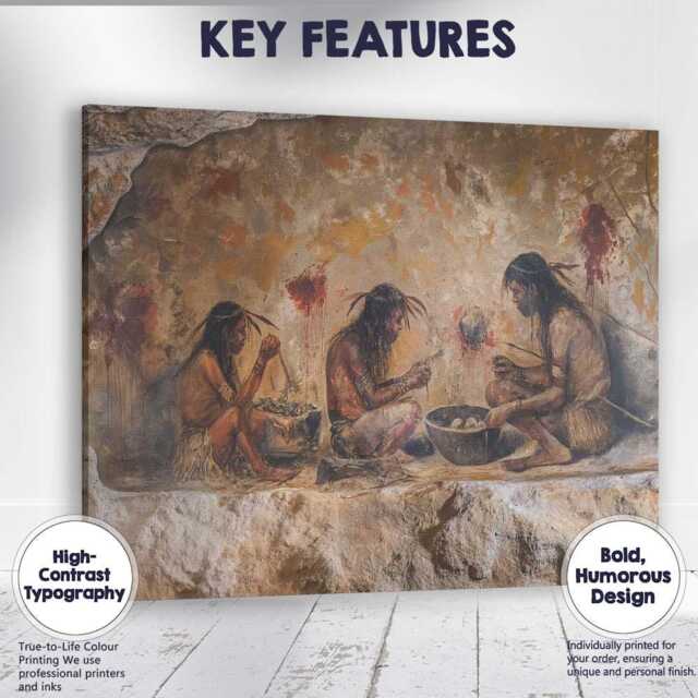 Ancient Tribal Cave Gathering Prehistoric Life Painting Canvas Wall Art Print Decor Picture Ready To Hang - image 1