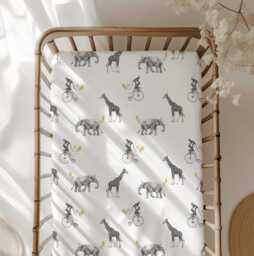 Bedding - Safari Animals On Unicycle, Duvet Cover Set, Fitted Sheets, Pillow Case, Modern Colourful Watercolour Kids Bedding - thumbnail 1