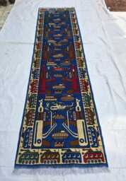 Blue Afghan War Rug, Multicolor Geometric Runner, Wool Hallway Carpet - thumbnail 1
