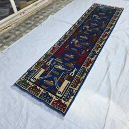 Blue Afghan War Rug, Multicolor Geometric Runner, Wool Hallway Carpet - thumbnail 3