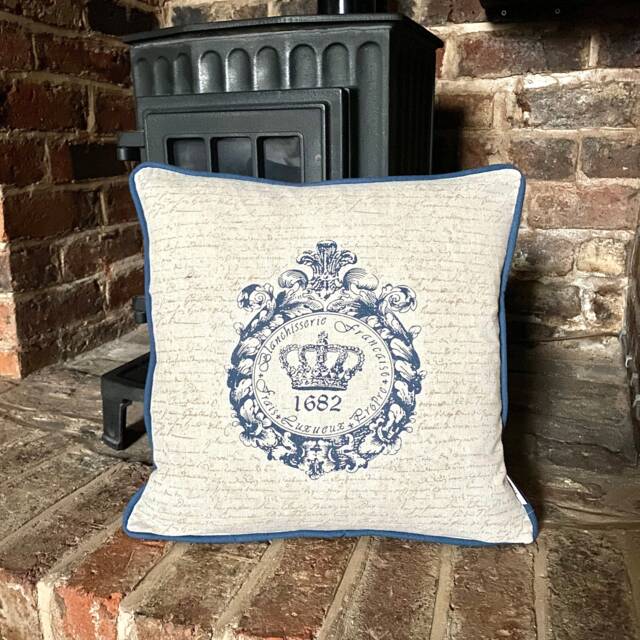 81. Handmade Shabby Chic Natural With Blue Crown Linen/Cotton Blend Cushion Cover 17 - image 1