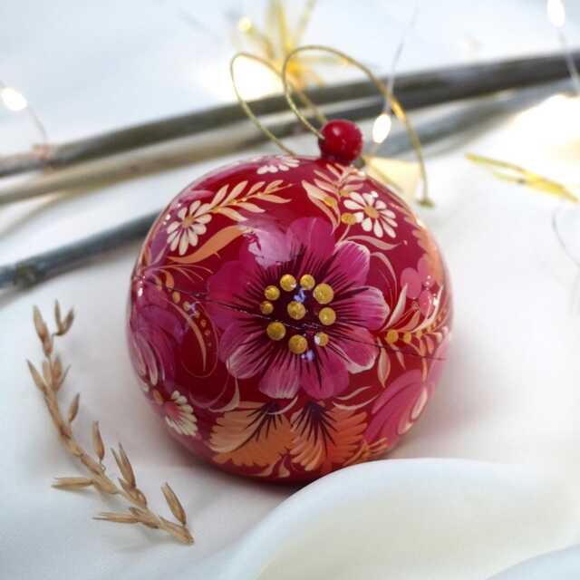 Hand Painted Wooden Christmas Ball Openable For Gifts in Ukrainian Petrykivka Painting Style Ornaments Lilac Beautiful Pattern - image 1