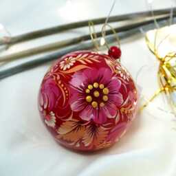 Hand Painted Wooden Christmas Ball Openable For Gifts in Ukrainian Petrykivka Painting Style Ornaments Lilac Beautiful Pattern - thumbnail 3