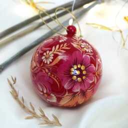 Hand Painted Wooden Christmas Ball Openable For Gifts in Ukrainian Petrykivka Painting Style Ornaments Lilac Beautiful Pattern - thumbnail 2
