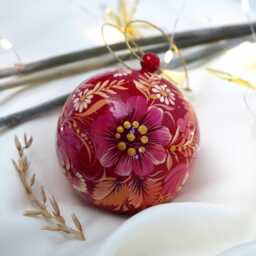 Hand Painted Wooden Christmas Ball Openable For Gifts in Ukrainian Petrykivka Painting Style Ornaments Lilac Beautiful Pattern - thumbnail 1