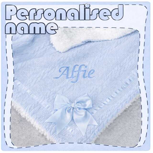 Personalised Embroidered Cable Wrap W/Large Bow Baby Blankets 90cm 5 Colors Super Soft New - image 1