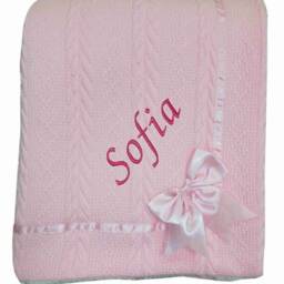 Personalised Embroidered Cable Wrap W/Large Bow Baby Blankets 90cm 5 Colors Super Soft New - thumbnail 3