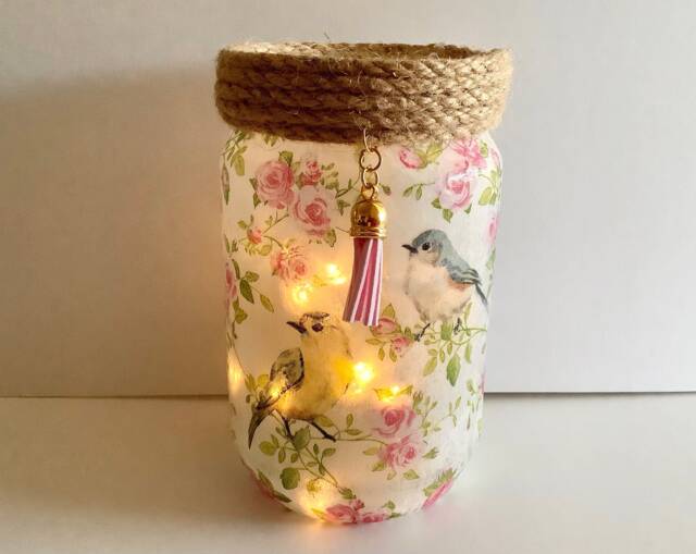 Birds Decoupage Light Up Glass Jar Upcycled Home Decoration - image 1