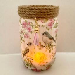 Birds Decoupage Light Up Glass Jar Upcycled Home Decoration - thumbnail 2