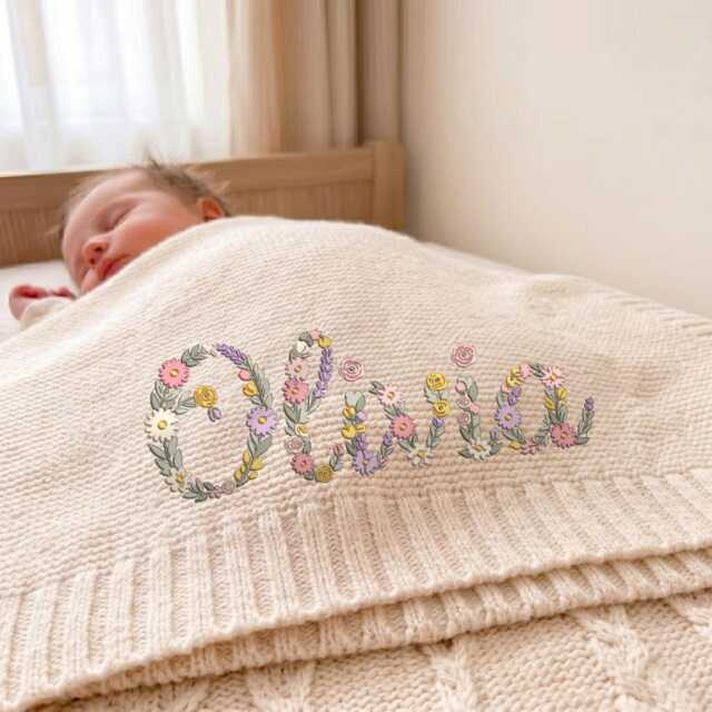 Custom Floral Name Baby Blanket, Flower Design Cotton Newborn Hospital Gift, Swaddle - image 1