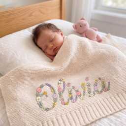 Custom Floral Name Baby Blanket, Flower Design Cotton Newborn Hospital Gift, Swaddle - thumbnail 3