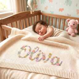Custom Floral Name Baby Blanket, Flower Design Cotton Newborn Hospital Gift, Swaddle - thumbnail 2