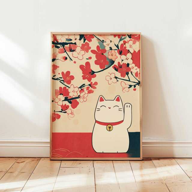 Japanese Lucky Maneki Neko Cat Poster, Cherry Blossom Wall Art, Minimalist Good Fortune Decor, Cute Asian Style Print Unframed - image 1