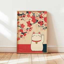 Japanese Lucky Maneki Neko Cat Poster, Cherry Blossom Wall Art, Minimalist Good Fortune Decor, Cute Asian Style Print Unframed - thumbnail 1