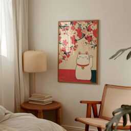 Japanese Lucky Maneki Neko Cat Poster, Cherry Blossom Wall Art, Minimalist Good Fortune Decor, Cute Asian Style Print Unframed - thumbnail 3